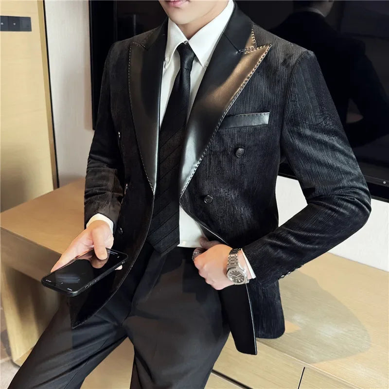 British Style Luxury Men Double Breasted Suit Jacket High Quality Fashion PU Leather Neck Spliced Coats Groom Social Party Dress