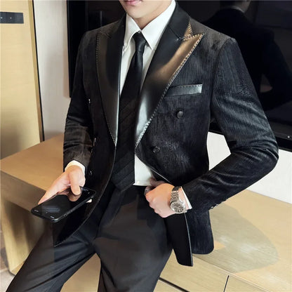 British Style Luxury Men Double Breasted Suit Jacket High Quality Fashion PU Leather Neck Spliced Coats Groom Social Party Dress
