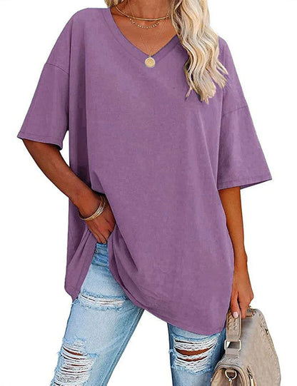 Women's Loose V-Neck Top Spring/Summer New Color Half Sleeve European American Style Clothing Amazon Foreign Trade