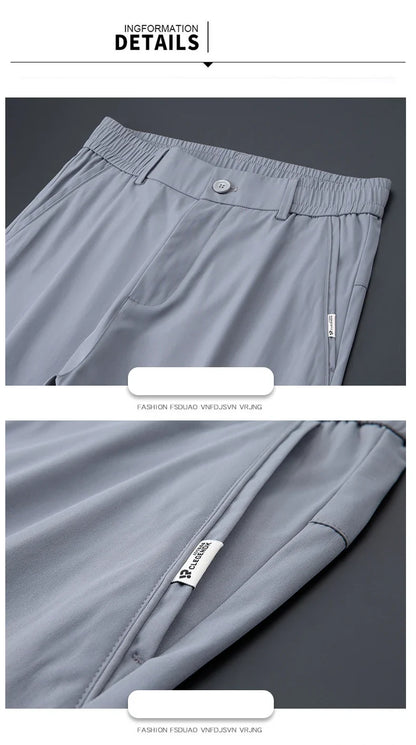 2026 Spring Summer Thin Ice Silk Suit Pants Men's Business Straight Slim High Elastic Ankle Length Casual Pants Male