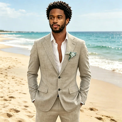 Light Grey 2 Pieces Linen Men's Suits With Pants Groom Tuxedos Summer Casual Style Groomsmen For Wedding Blazer Sets