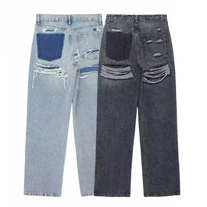 2024 Women's Street Fashion Denim Blue Jeans Distressed Patchwork High Waist Zipper Fly Ripped Retro Long Pants