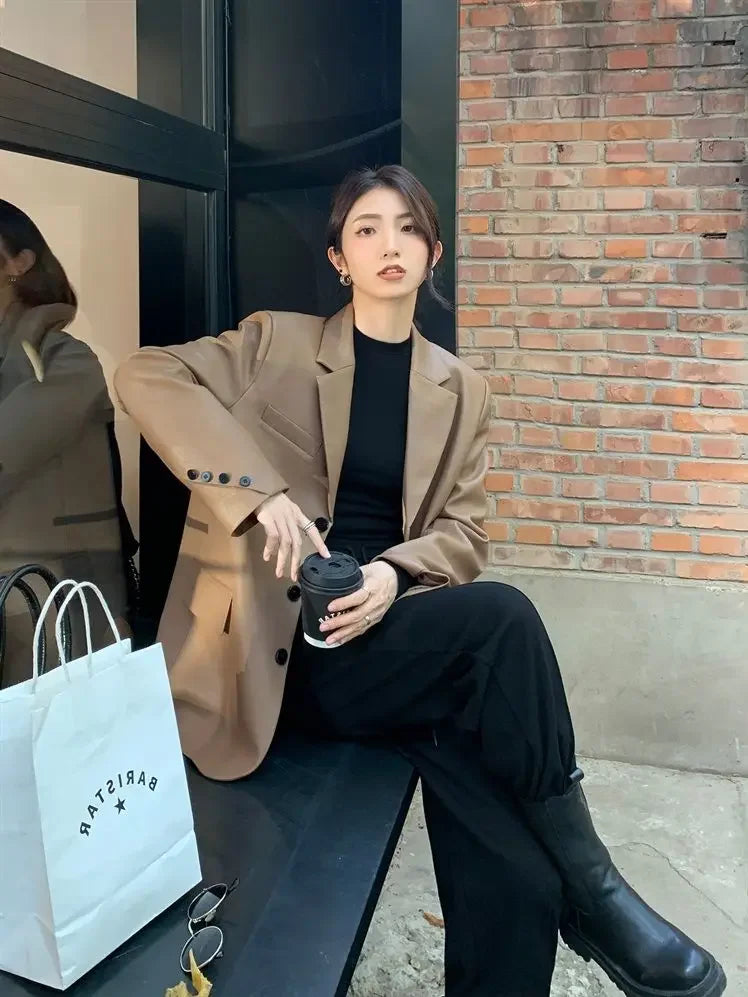 Blazer Woman PU Leather Black Outerwears Long Over Loose Jacket Coats for Women Solid Clothes Dress Korean Style Fashion 2025