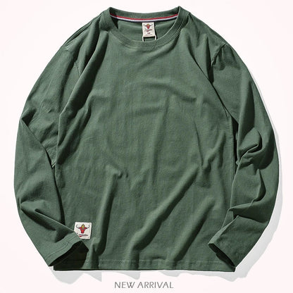 Autumn American Retro Long Sleeve O-neck Solid Color T-shirt Men's Fashion Simple 100% Cotton Washed Old Casual Bottoming Tops