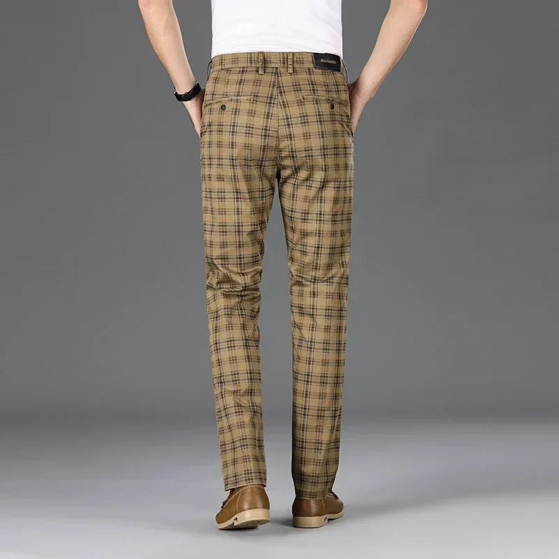 2024 Summer Classic Simple Straight Casual Pants for Men Personalized Checkered Versatile Stretch Business Casual Slim Trousers