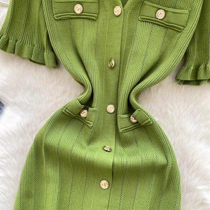 Brand Fashion Vintage Knitted Long Dress Spring Summer Women Elegant V-neck Ruffled Bodycon Sweater Dress Party Vestido