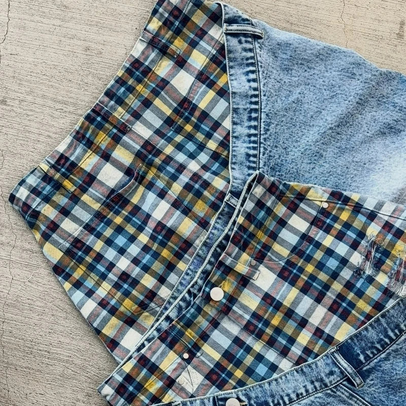 Y2k Slanted Runway Baggy Jeans Retro Plaid Patchwork Men Women Wide Leg Pants American Hip Hop Streetwear Unisex Casual Jeans