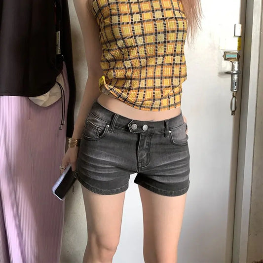 Summer Grey Denim Shorts for Women Low Waist Mini Jeans Shorts 2000s Vintage 90s Y2k Emo Cowboy Short Pants Harajuku Clothes