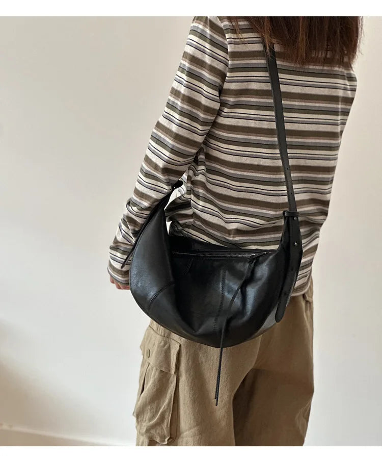 2026 New Genuine Leather Women's Bag Casual Solid Color Versatile Saddle Bag Soft Cowhide Shoulder Crossbody Bags
