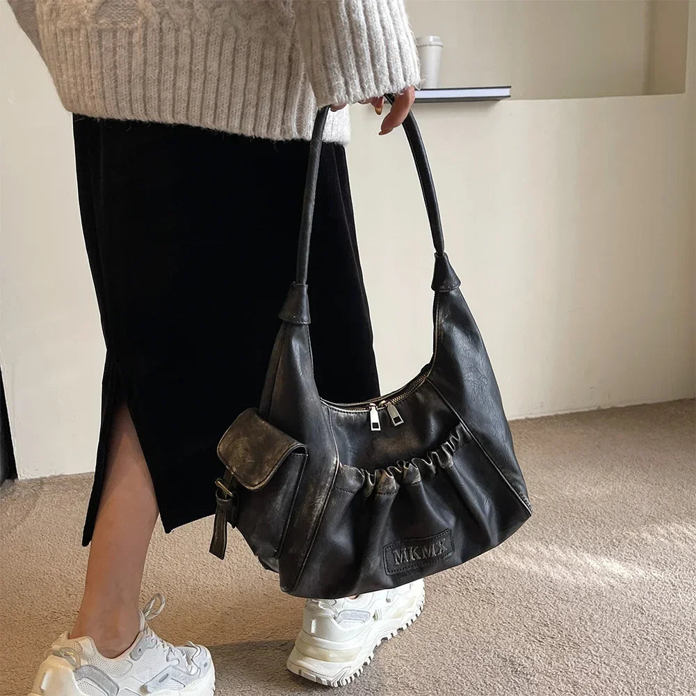 Distressed Vintage Shoulder Bags Women Pleated Y2K Design Large Capacity Retro Hobo Bag 2025 New Designer Handbags Luxury