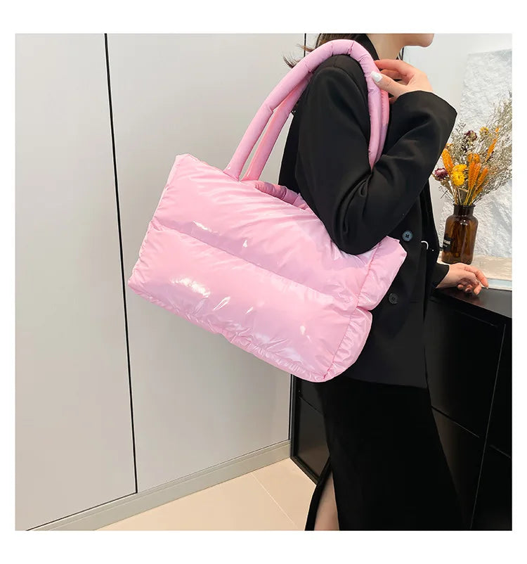 Fashion Large Capacity Puffer Shoulder Bags Padded Women Handbags Casual Nylon Quilted Big Tote Bag Warm Winter Shopper Purses