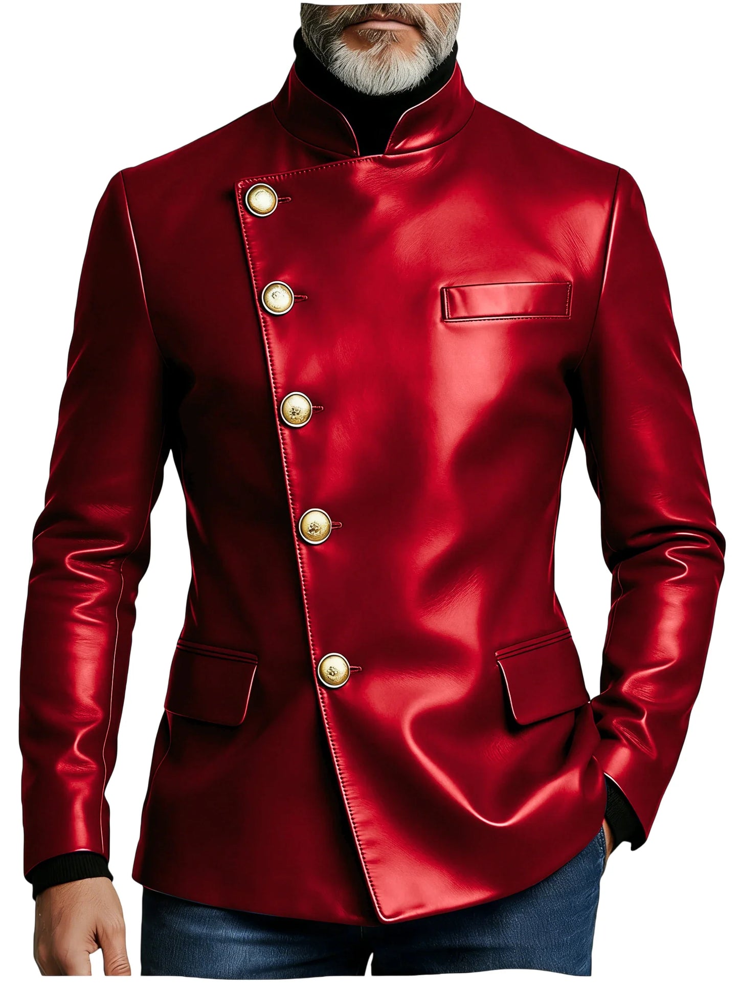 Vintage Men's PU Leather Blazer Slim Fit Double Breasted Stand Collar Jacket Gold Button Business Casual Wedding Prom Suit Coat