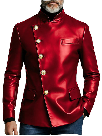 Vintage Men's PU Leather Blazer Slim Fit Double Breasted Stand Collar Jacket Gold Button Business Casual Wedding Prom Suit Coat