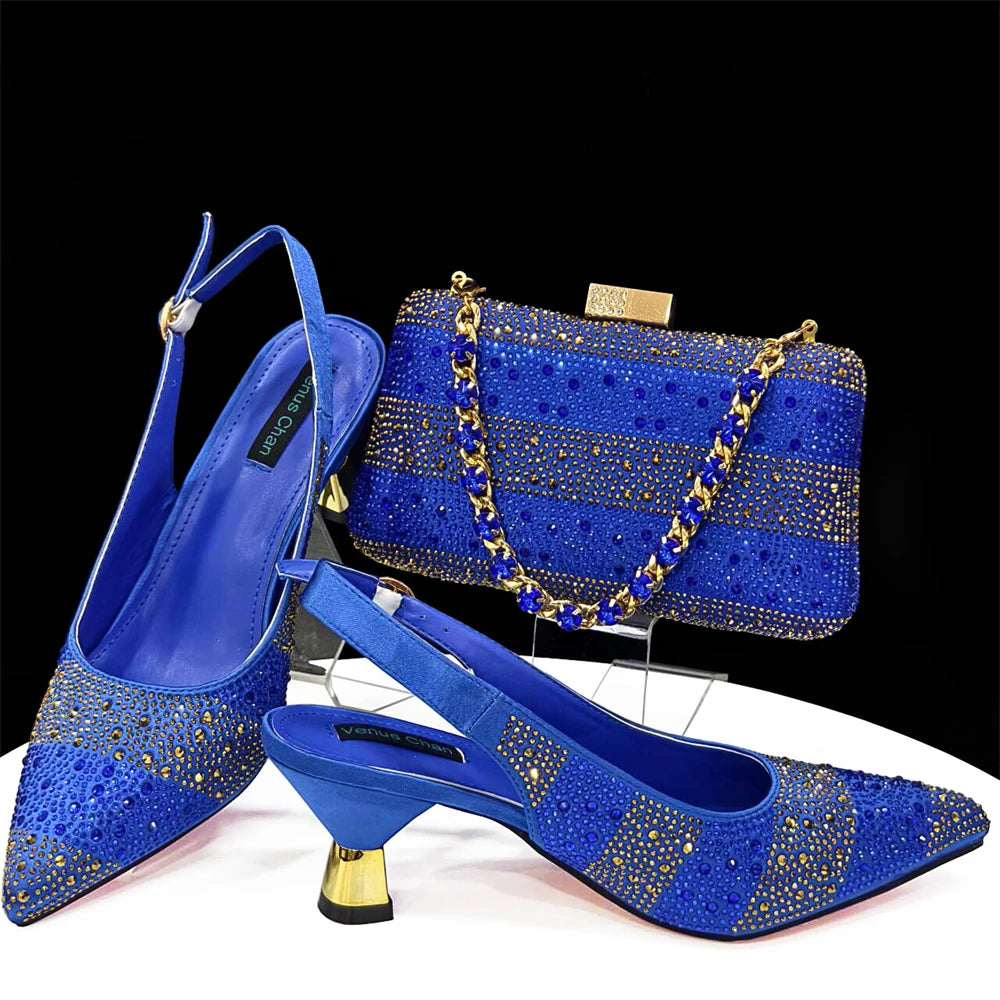 High Heels Shoes for Women Embroidery Rhinestone Italian Design Gold Color Pointed Toe Shoes and Bags Set Fashio