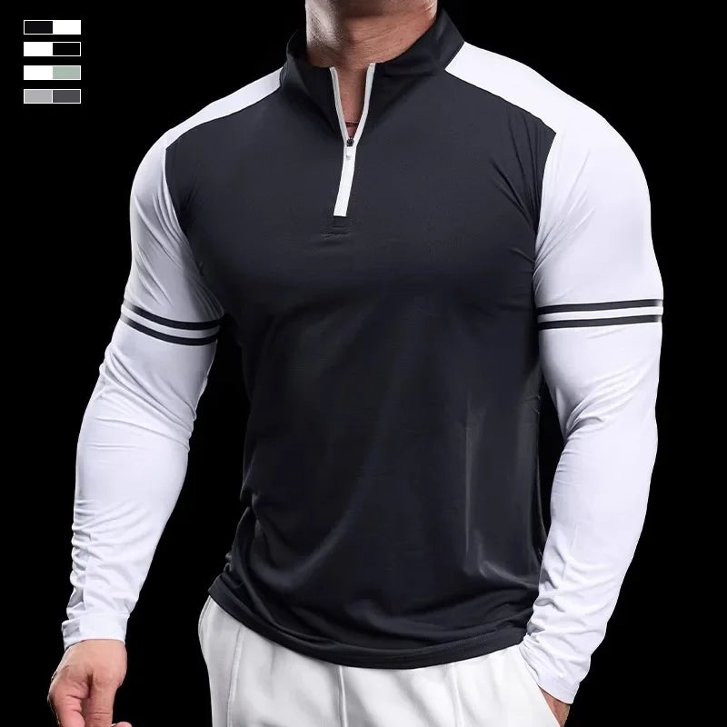 Men's Running Gym Fitness Tops Slim Fit Color-blocked Long-sleeved T-shirt Training Cycling Breathable Quid Quick-drying Clothes