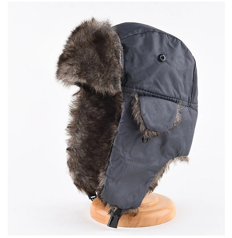 Men's Warm Soldier Hat Winter Pilot Patrolman Earmuffs Polyester Fiber Warm Russian Ski Hat Windproof Cold Pilot Hats
