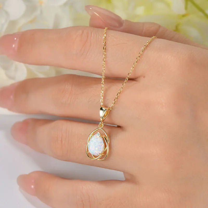 925 Sterling Silver Hollow Pendant Necklace 7*10mm Pear Shape Cut Synthetic Opal Drop Necklaces For Women Wedding Jewelry