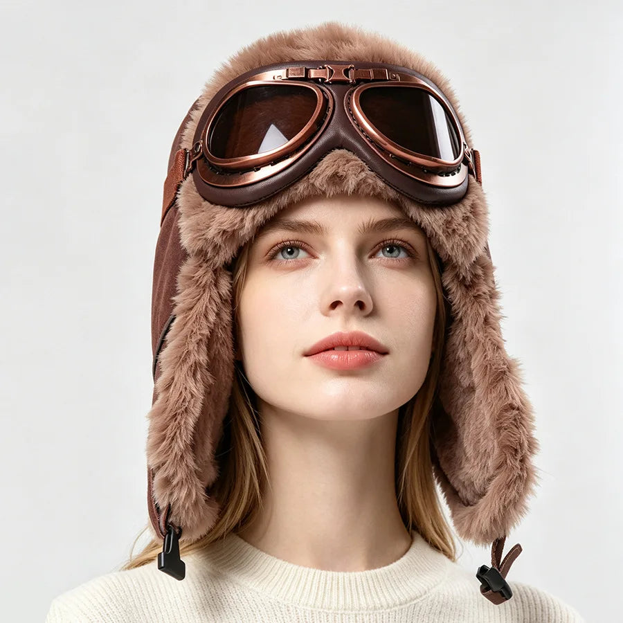 Retro Unisex Aviator Trapper Hat Faux Fur Thick Warm With Goggles Earflap Winter Cap For Cycling Outdoor Cold Protection