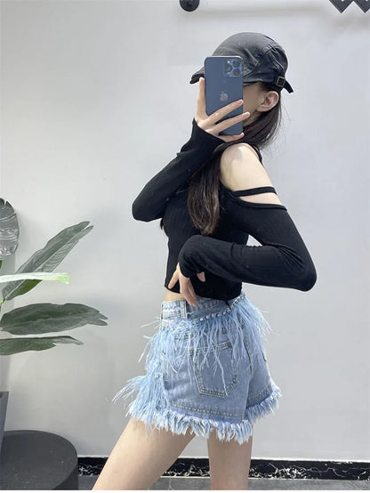 Summer Street Hot Girls Short Jeans Female Chic Feather Diamond Denim Shorts Women Retro Washed Hot Pants Sexy Night Club Shorts