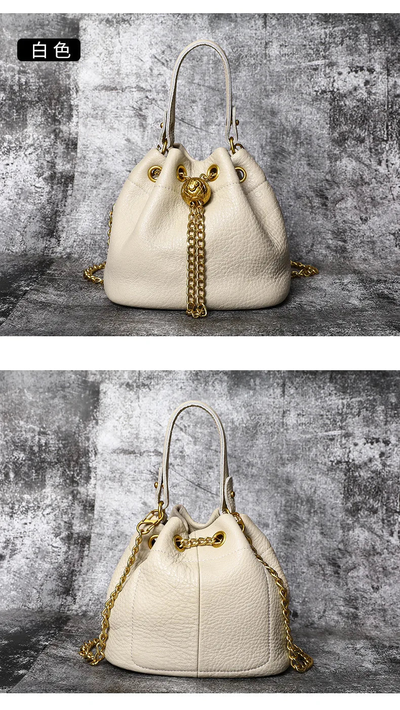 New Vintage Fashion Chain Bag Genuine Leather Multi-Way Bucket Bag for Women Compact Stylish Crossbody Purse