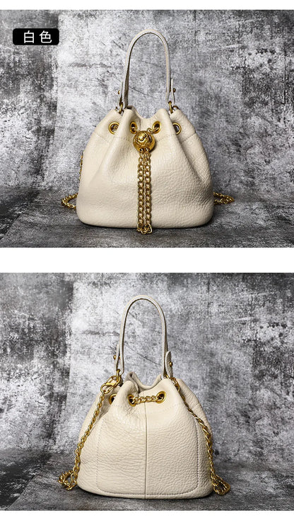 New Vintage Fashion Chain Bag Genuine Leather Multi-Way Bucket Bag for Women Compact Stylish Crossbody Purse