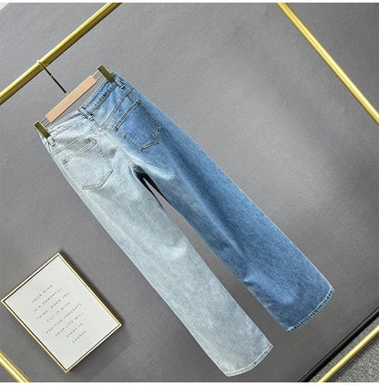 High Waist Wide Leg Jeans Women's Summer Loose Slimming Diamond Embedded Long Pants Break Hole Denim Pants Hong Kong Sle ...
