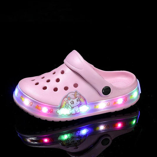 Light Sandals for Girls Pink Cartoon Printing Summer Beach Kids Shoes Outdoor Non-slip Classic Design Children's Casual Clogs