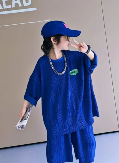 Klein Blue Wave Pattern Children's Clothes Boys T-shirt Boy Summer Set Suit Kids Toddler Clothing Sets From 4 Cotton Child Boy's