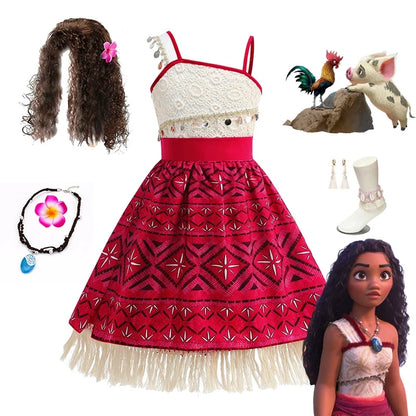 2 Vaiana Costume Girls Princess Dress Children Purim Lace Clothes Kids Cartoon Cosplay Outfits Birthday Party Frock
