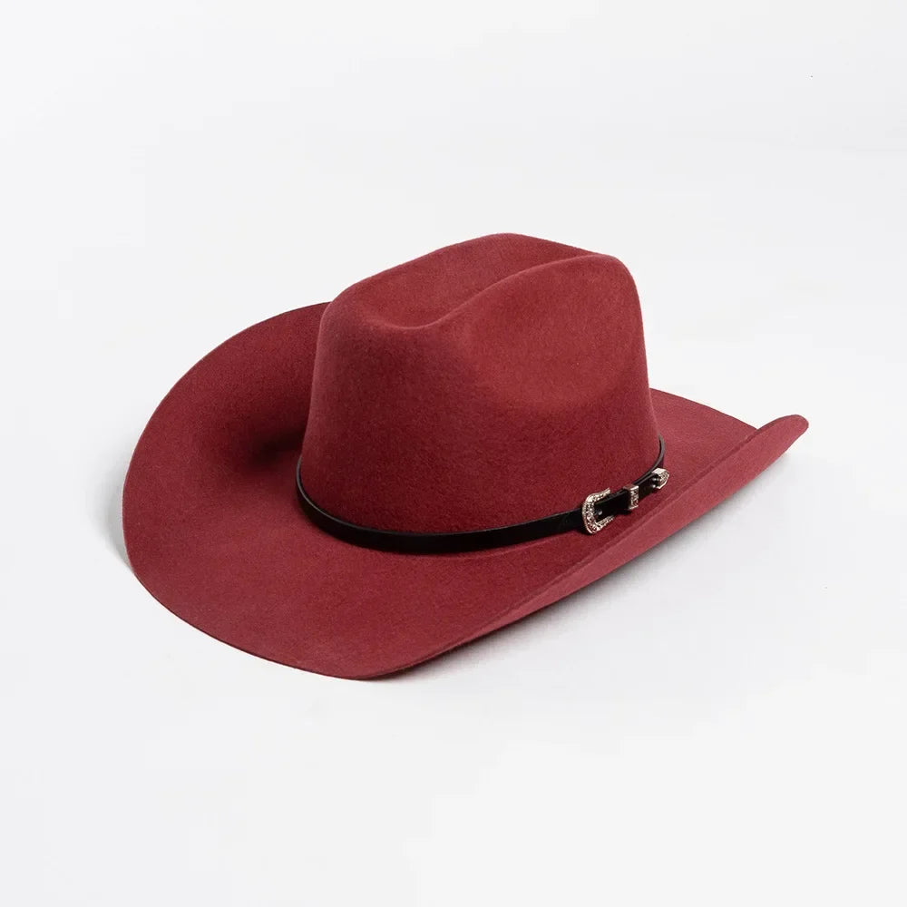 New Autumn Winter Women Fedoras with Belt Buckle Wide Brim Rolled Wool Cowboy Hat M L Size Obtainable