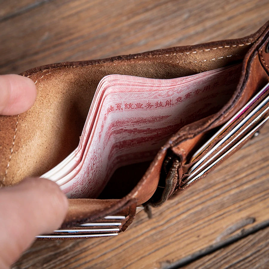 High Quality Men Genuine Leather Wallet Vintage Bifold Money Clip Credit Card Holder Luxury Design with Zipper Coin Pocket