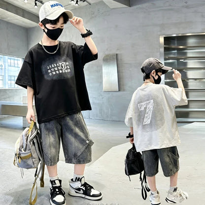 High Quality Boys Summer Top and Bottom Set Cotton T-shirt And Denim Shorts 2 Pieces Suit Kids Children Casual Clothing Set 5-14