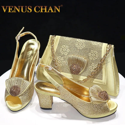 2024 Italian Design Girly Style Golden Color Wedding Shoes And Bag Full Diamond Decoration Metal Closure Bags
