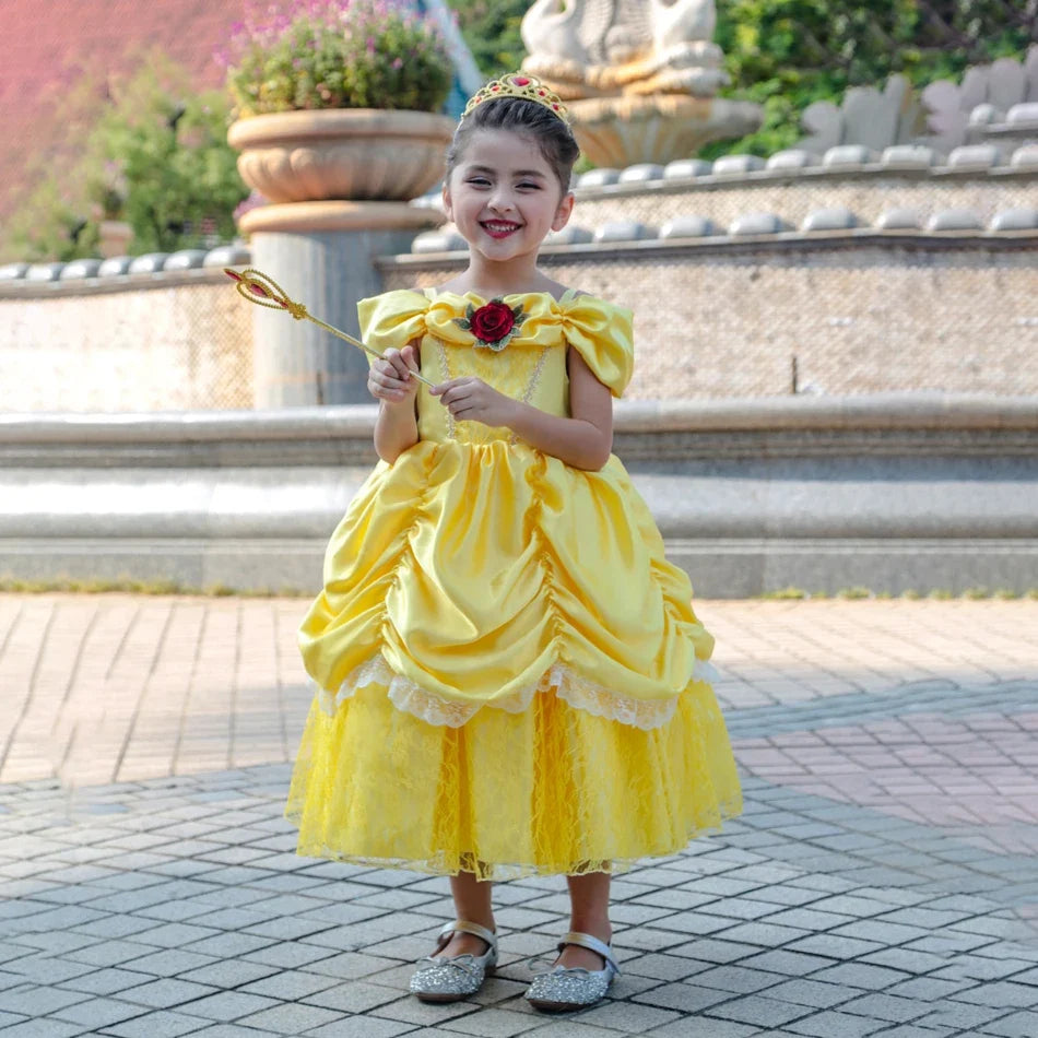 Girl Belle Dress Beauty Cosplay Costume Princess Deluxe Applique Outfit Children Birthday Party Elegant Gown Fairy Disguise Sets