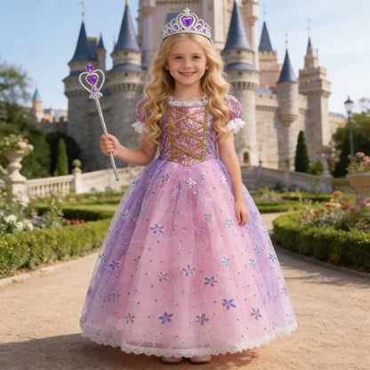 Girl Rapunzel Dress Kids Carnival Princess Costume Children Luxury Print Ball Gown Lace Sequin Gradient Fluffy Frocks