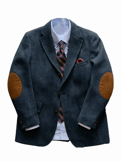 Men's Vintage Herringbone Tweed Blazer With Elbow Patch 2 Button Single Breasted Cotton Casual Slim Fit Business Jacket XS-7XL