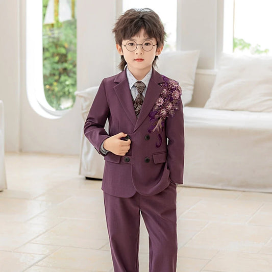 Exquisite Boys Embroidery Suit Set 4 Pieces Stage Performance Wear,Casual Notched Lapel Kids Suits For Celebration