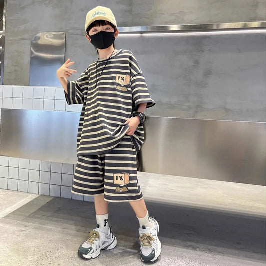 Stripe Sport Two-Piece Set Children Sets Shorts for Boy Children's Clothing From 3 To 4 Boys Outfit Cartoon Fashion Clothes Kids