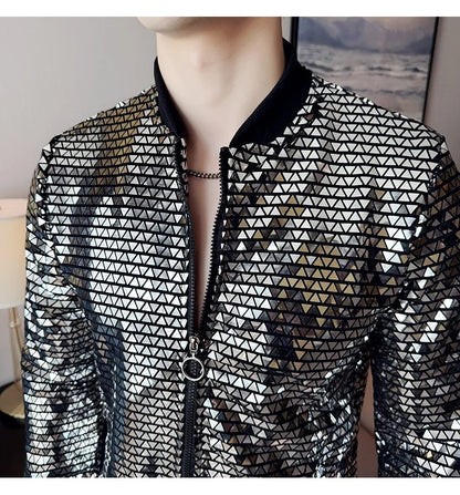 Men's Fashionable and Personalized Silver Sequin Jacket Summer New Ball Performance Suit Jacket Hip-hop Fashion Street Wear