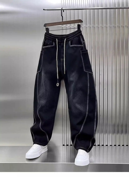Spring Autumn 2025 New Splicing Cutting Elastic Waist Large Size Boys Washed Loose Wide Leg Big Pocket Scimitar Drawstring Jeans