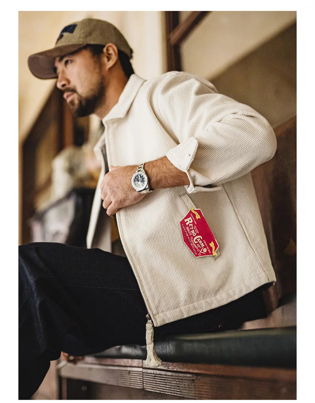 Men's Vintage White Jacket Heavyweight Cotton Turn-Down Collar Zip-Up Short Outwear Canvas Fitted Fit Spring Autumn Coat