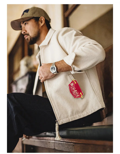 Men's Vintage White Jacket Heavyweight Cotton Turn-Down Collar Zip-Up Short Outwear Canvas Fitted Fit Spring Autumn Coat