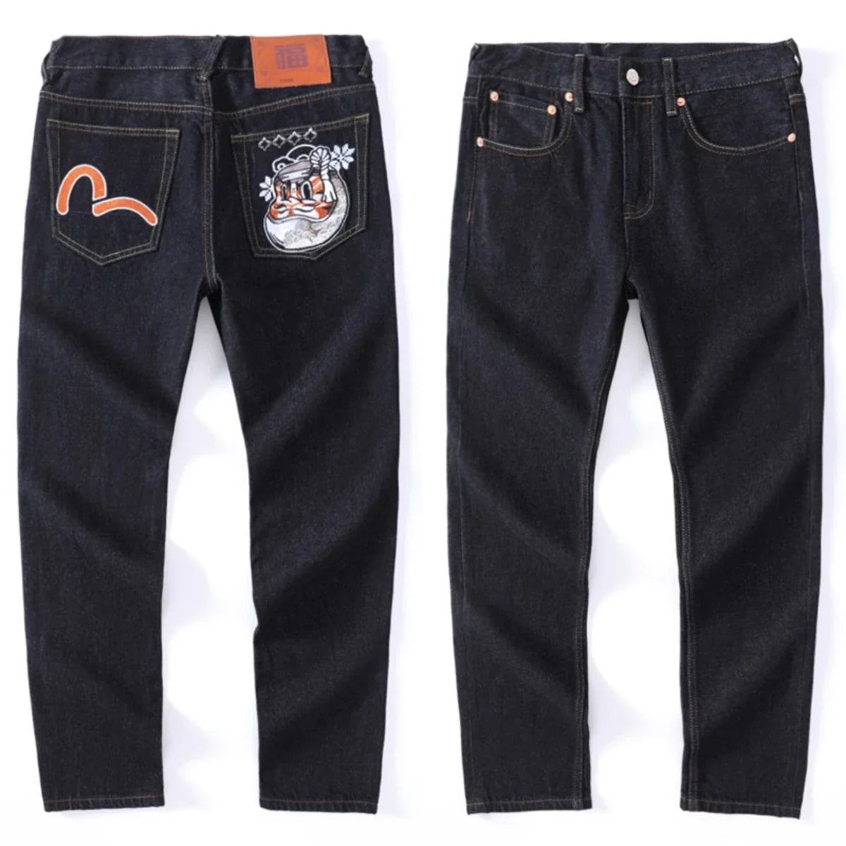 Japanese Handmade Embroidered Jeans Men's Pure Cotton Straight Tube Hip-Hop Popular Slim Red Ears Show Thin Trousers Devil Big M
