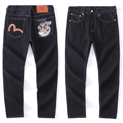 Japanese Handmade Embroidered Jeans Men's Pure Cotton Straight Tube Hip-Hop Popular Slim Red Ears Show Thin Trousers Devil Big M