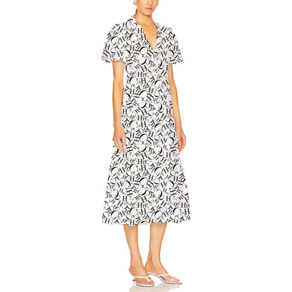 Women's Midi Dress 2024 New Fashion Summer Lapel Print Shirt Dresses for Women Elegant Chic Ladies Dress