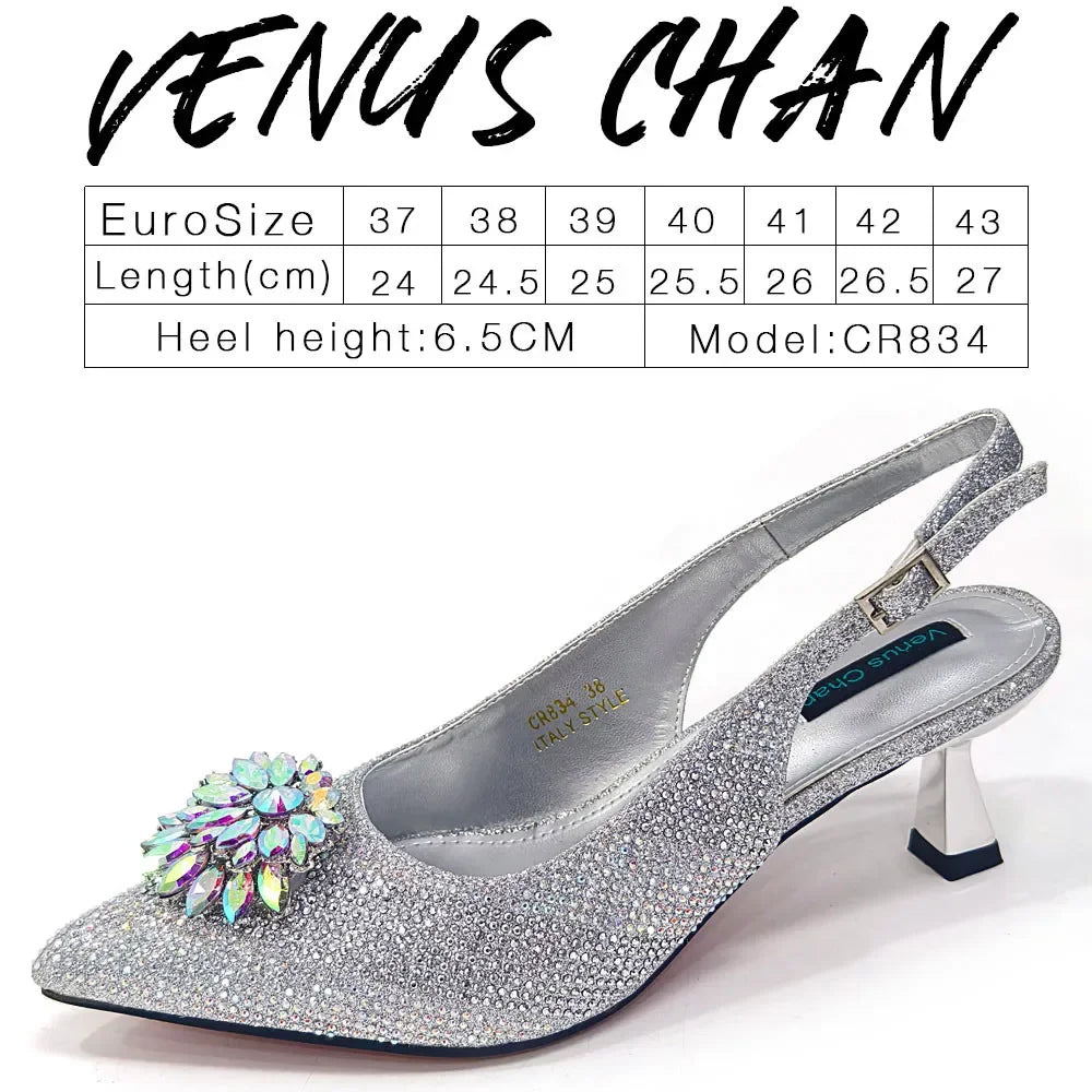 Italian Shoes and Bags Matching Set 2024 Silver Color Rhinestone Fashion High Heels for Women Pointed Toe Pumps
