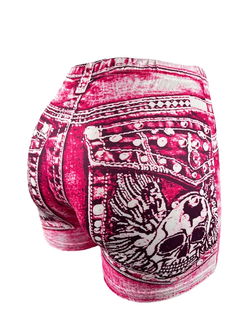 Women's Faux Denim Print High Stretch Slim Shorts, Versatile Yoga Shorts, Polyester Non-Denim Material
