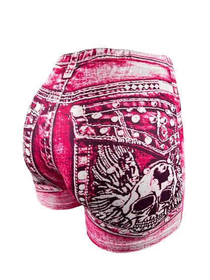 Women's Faux Denim Print High Stretch Slim Shorts, Versatile Yoga Shorts, Polyester Non-Denim Material