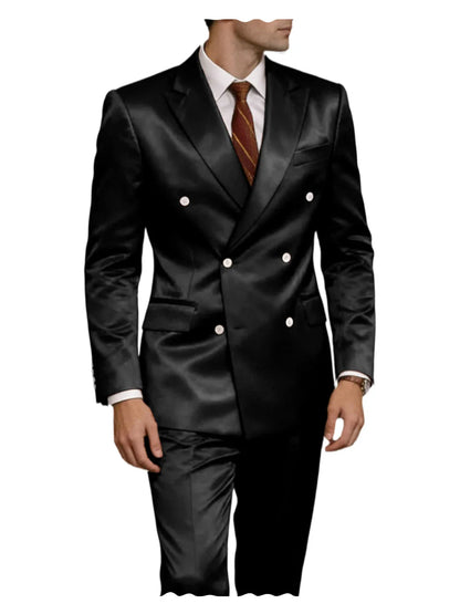 Luxury Men's Shiny Satin 2 Piece Suit Peak Lapel Double Breasted Jacket Pants Elegant Slim Fit Formal Tuxedo for Wedding Party