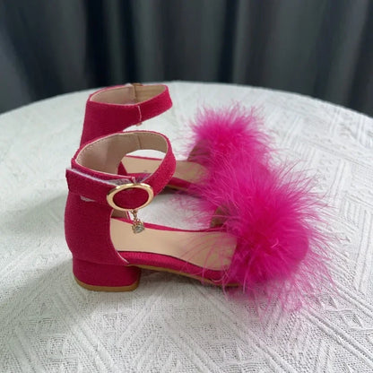 New Girls Low-heels Sandals Summer Fluffy Kids Princess Catwalk Shoes Open-toe Versatile Children Fashion Wedding Party Sandals